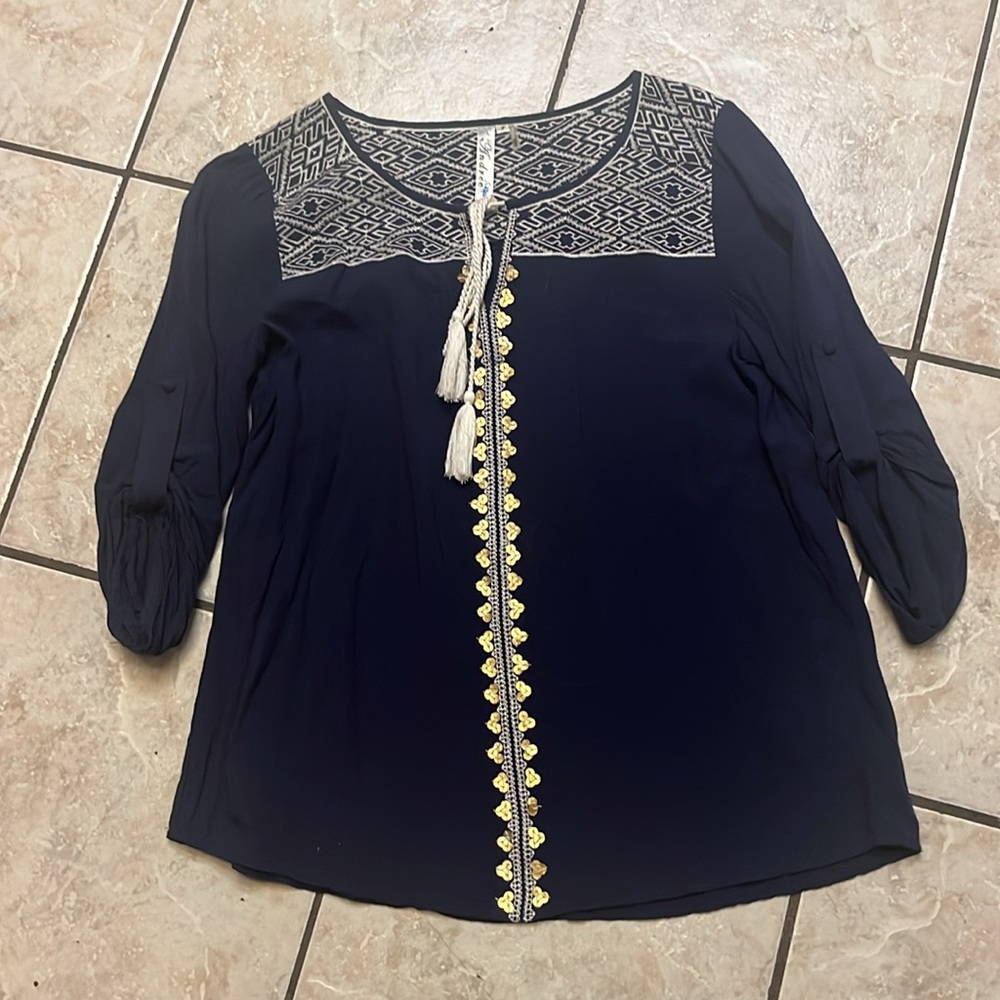 Andree Navy/white Embroidered Blouse S